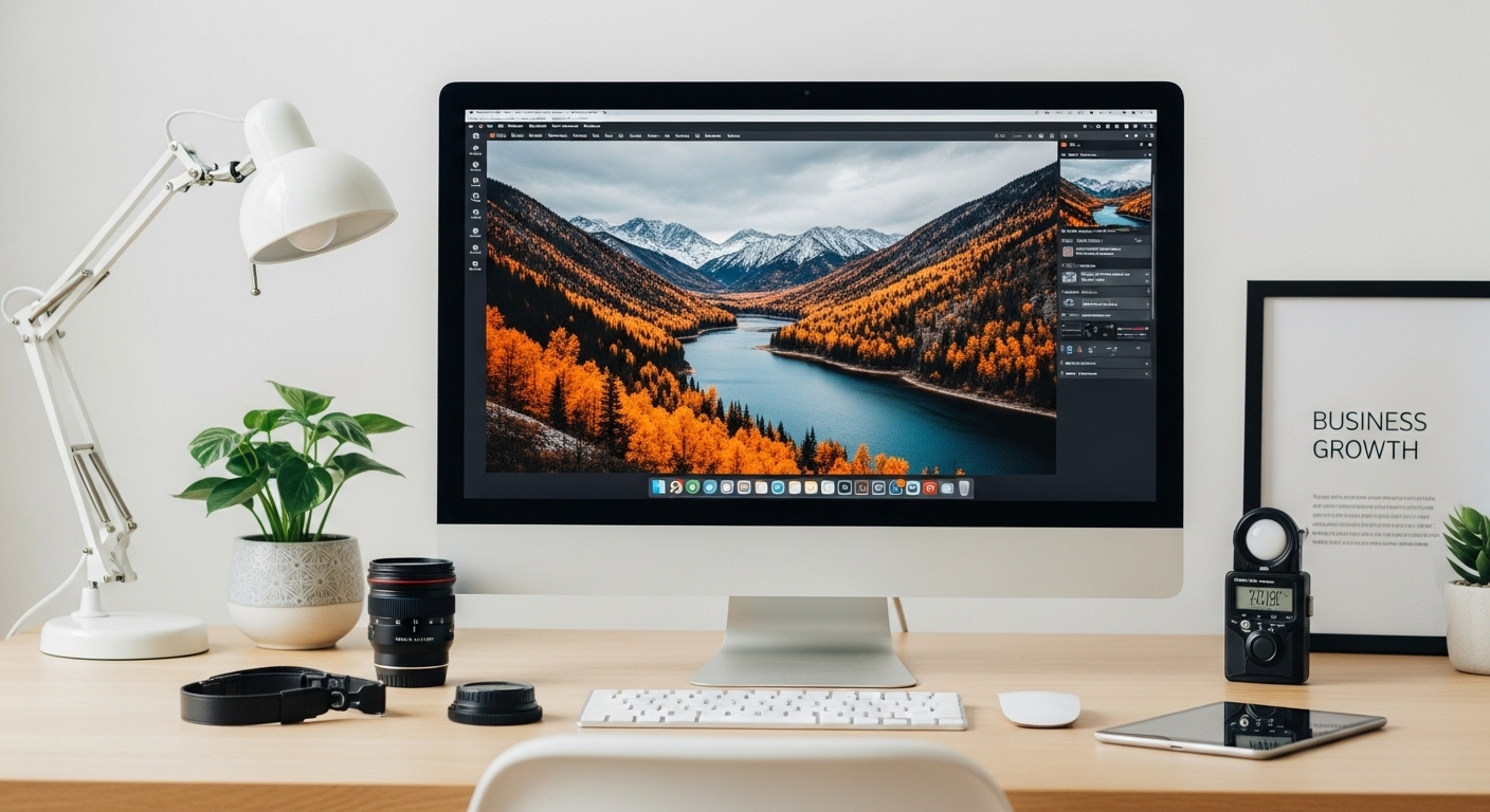 High-quality digital workspace showing professional photo retouching on computer screen, representing business growth and image enhancement