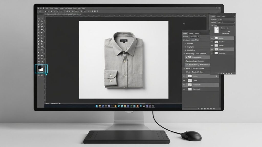 Workflow setup to remove clothing wrinkles in Photoshop.