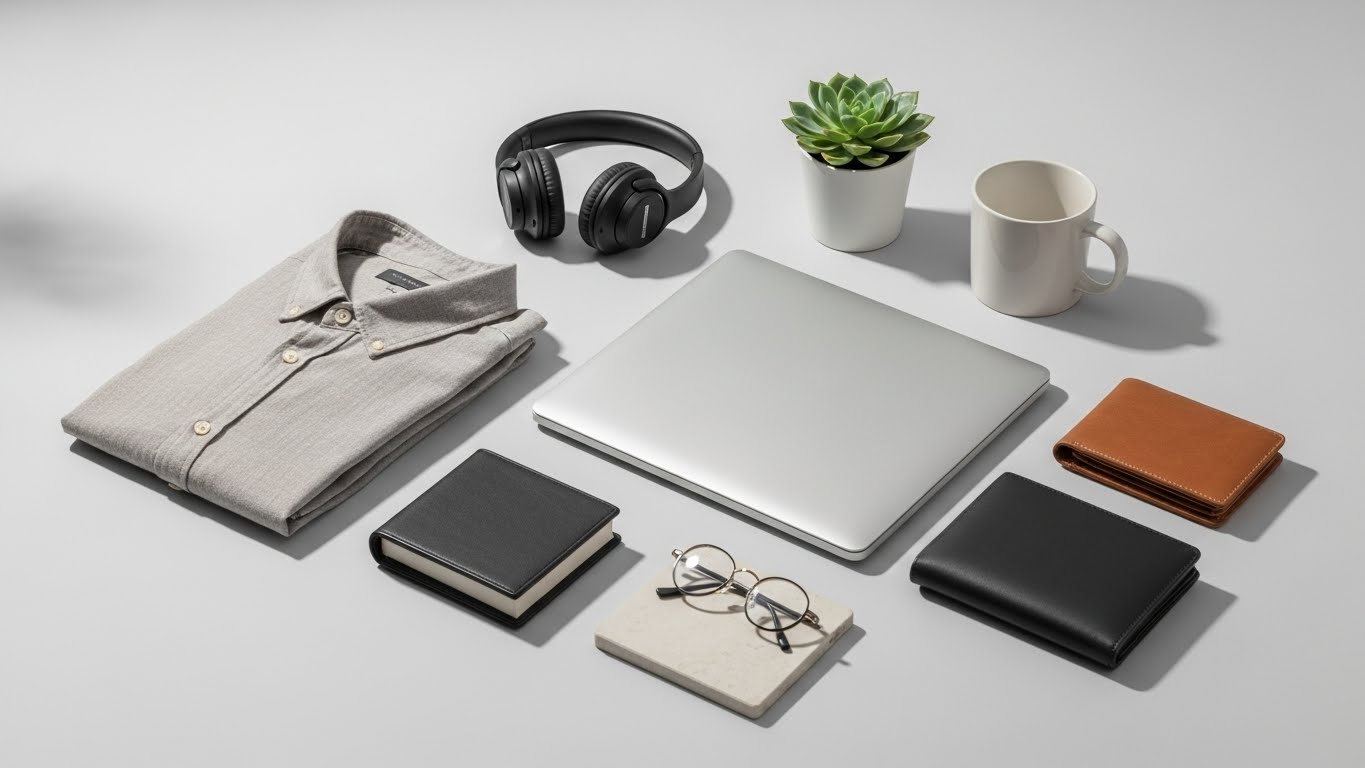 Assortment of professional e-commerce products in minimalist studio lighting