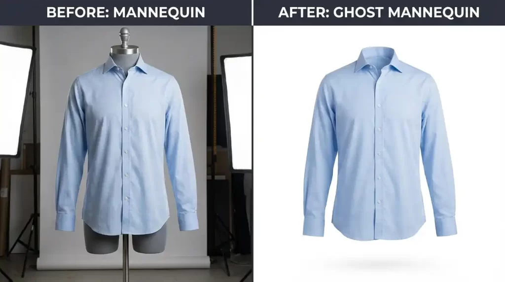 Before and after ghost mannequin editing showing mannequin removal and background cleanup