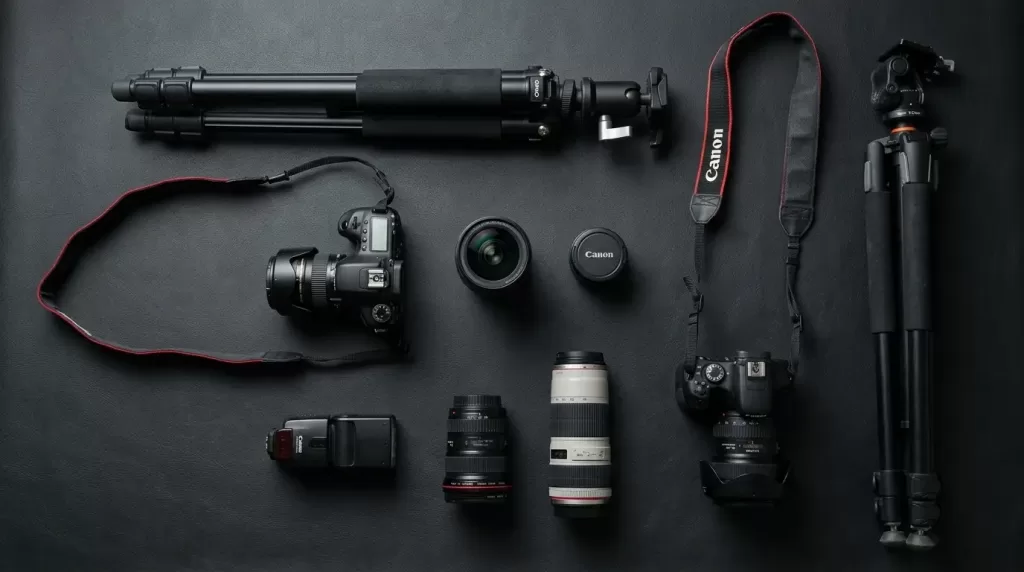 Beginner photography gear flat lay with camera body and lens