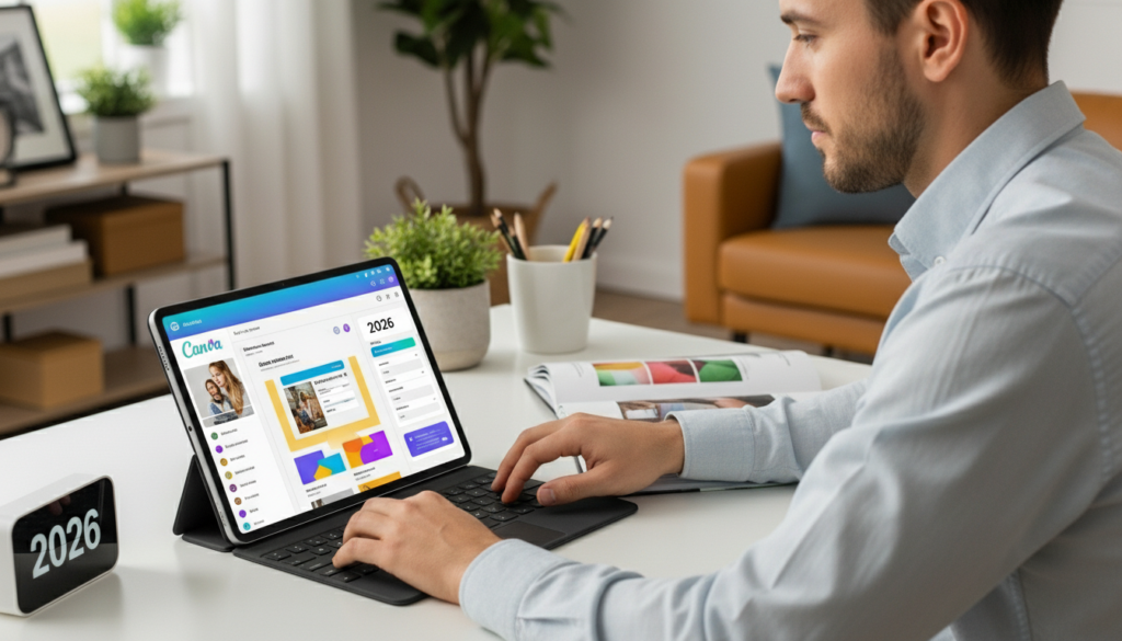 Beginner using Canva for easy graphic design in 2026