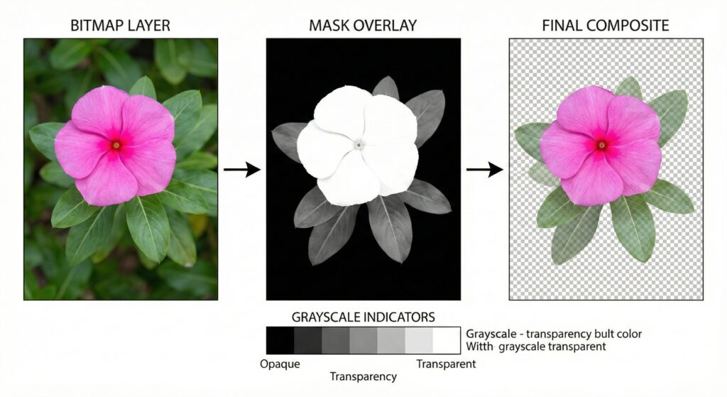 Bitmap masking diagram illustrating transparency in flower image