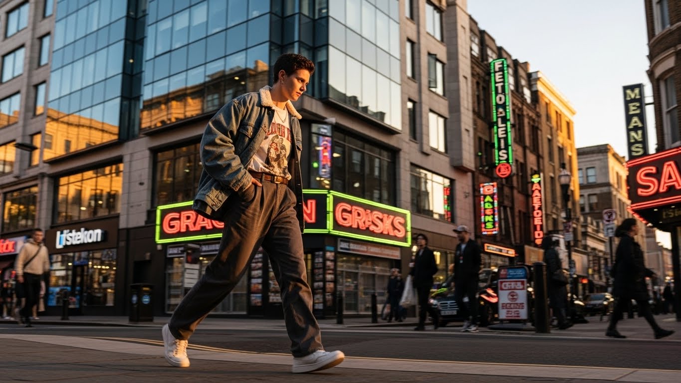 Candid fashion street photography of a stylish young person walking confidently in a busy city during golden hour, sharp focus with motion blur background