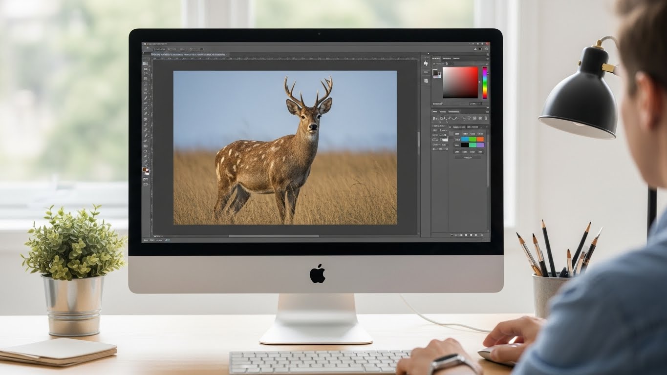 Designer using bitmap masking on wildlife photo in editing software