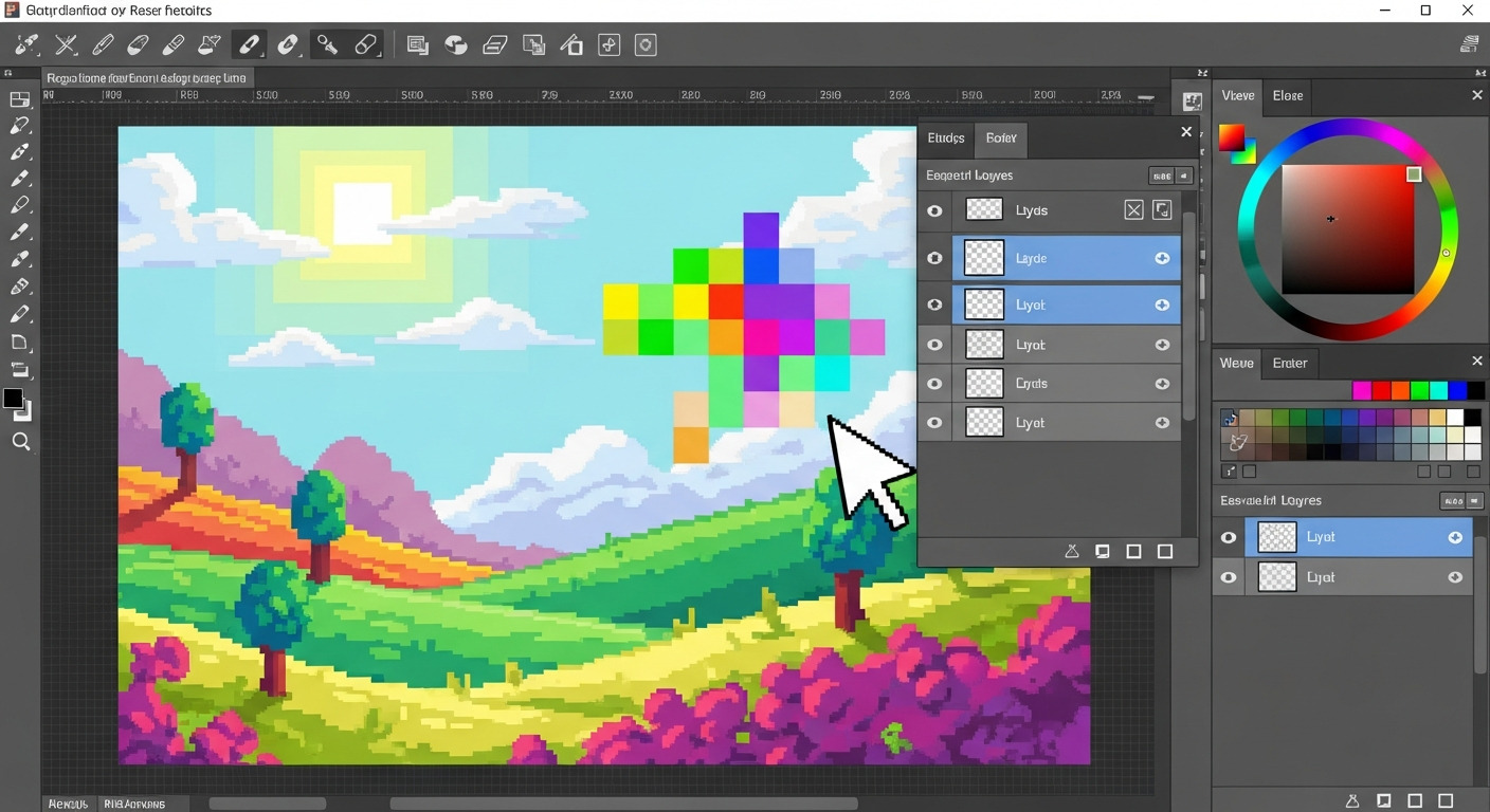 Digital canvas in raster graphics editor displaying pixel editing tools and colorful artwork in progress