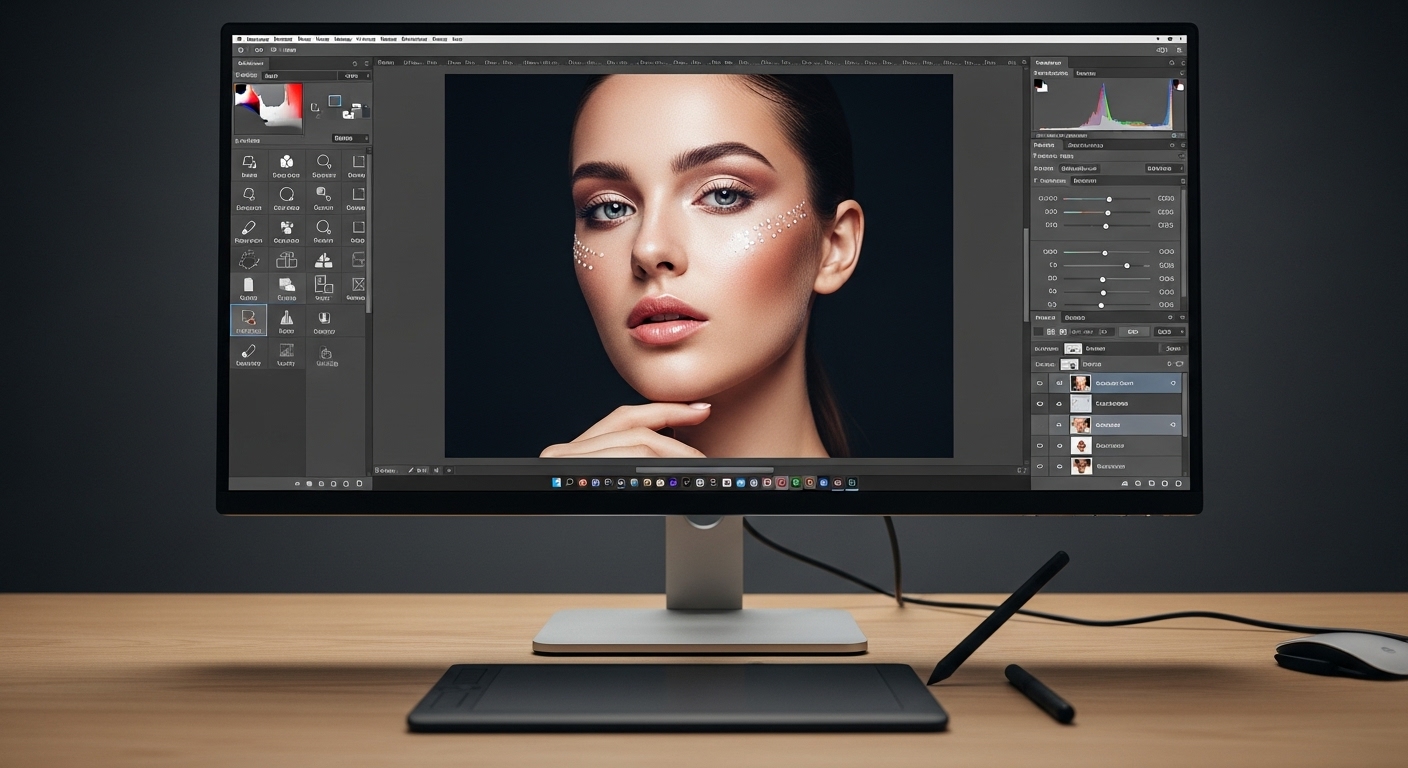 Digital editing workspace with beauty retouching tools and software layers