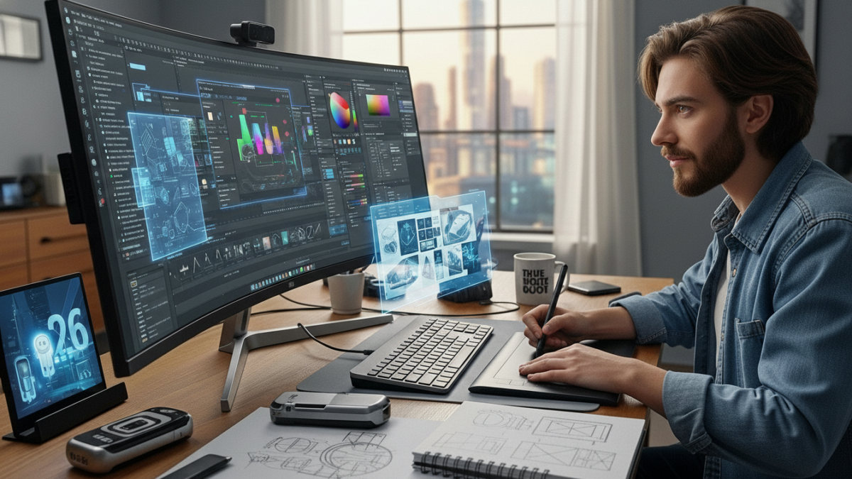 Excited beginner exploring graphic design tools in 2026