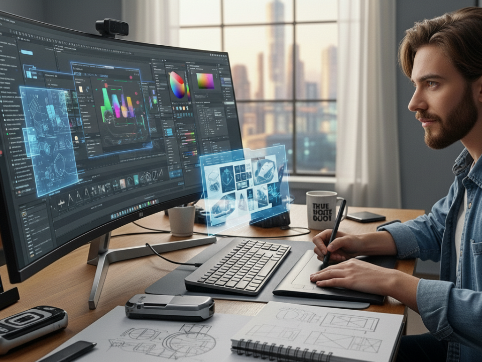 Excited beginner exploring graphic design tools in 2026