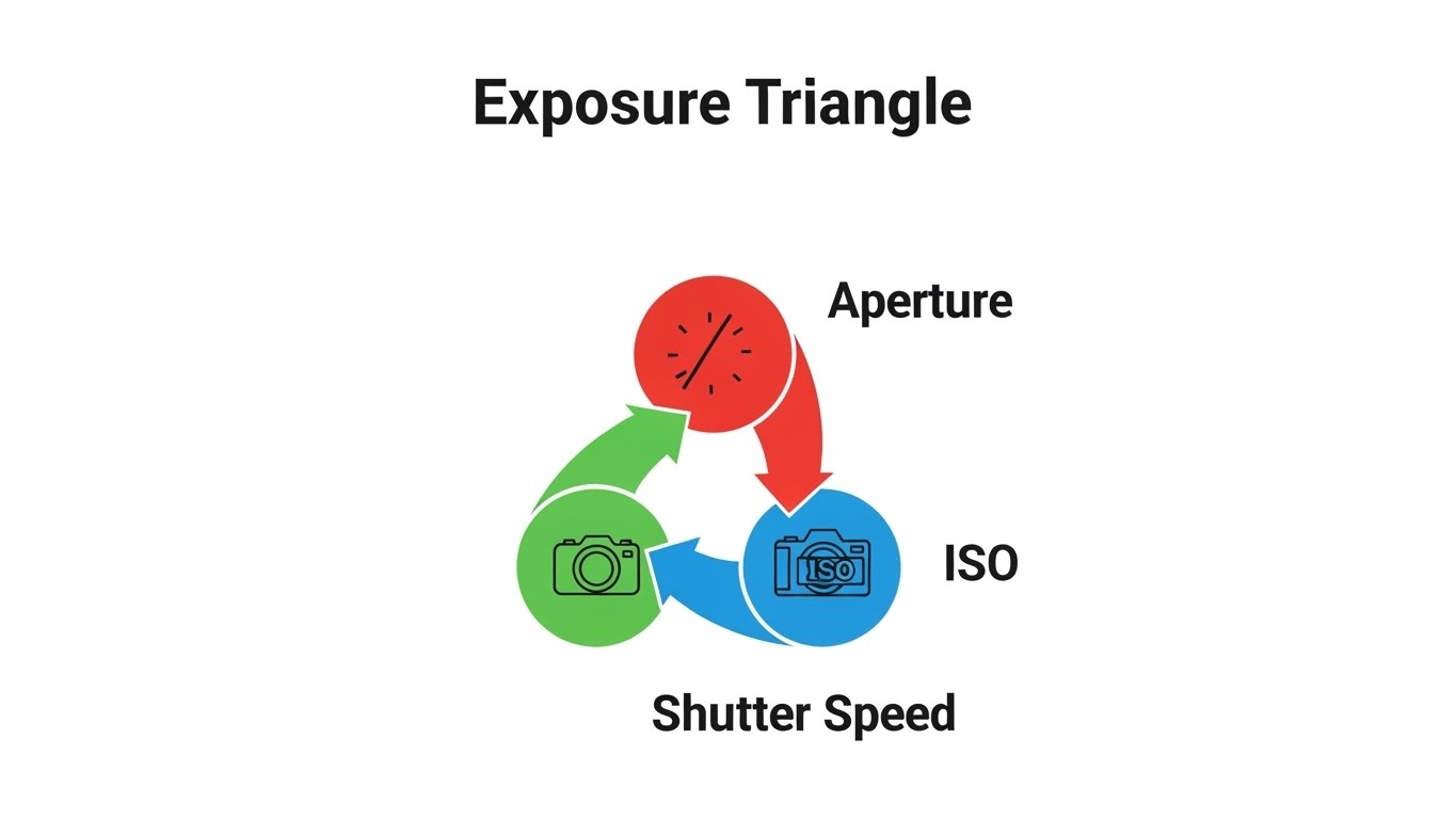 Exposure triangle illustration showing aperture, shutter speed, and ISO relationships