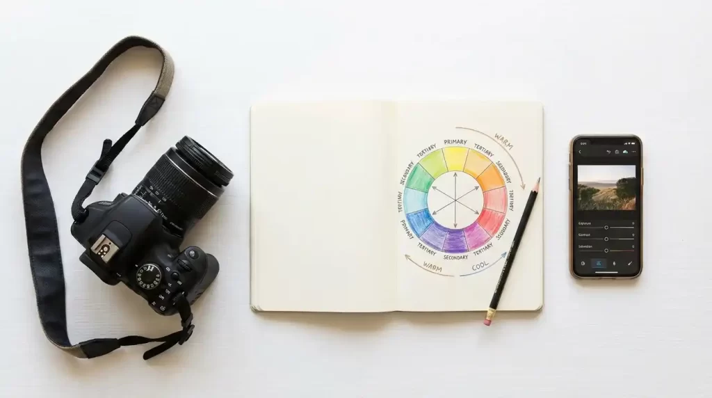 Flat lay photography composition with a camera, a notebook with a hand-drawn color wheel, and a smartphone showing a photo editing app.