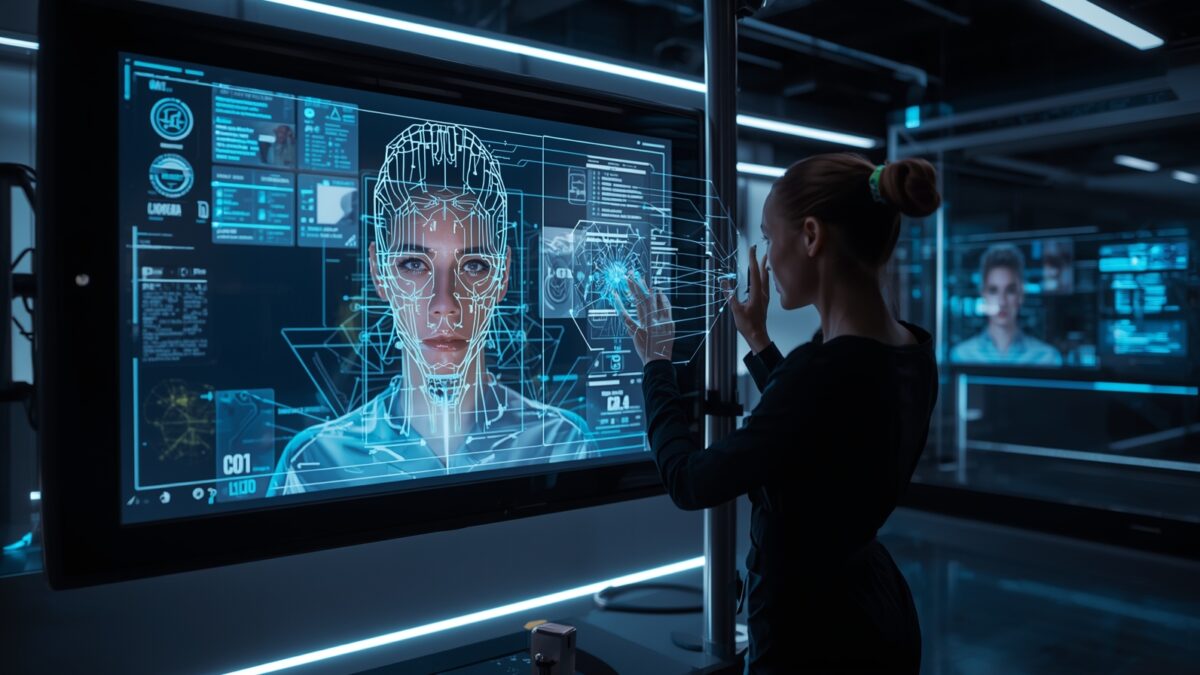 Futuristic AI photo retouching in holographic display