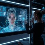 Futuristic AI photo retouching in holographic display