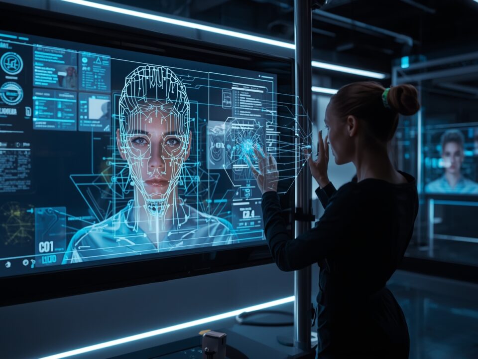 Futuristic AI photo retouching in holographic display