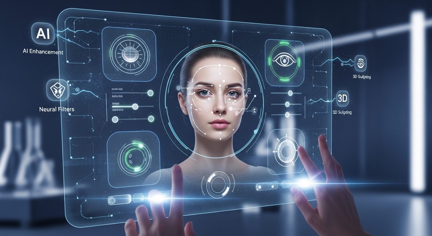 Futuristic beauty retouching interface with holographic beauty elements and innovation symbols