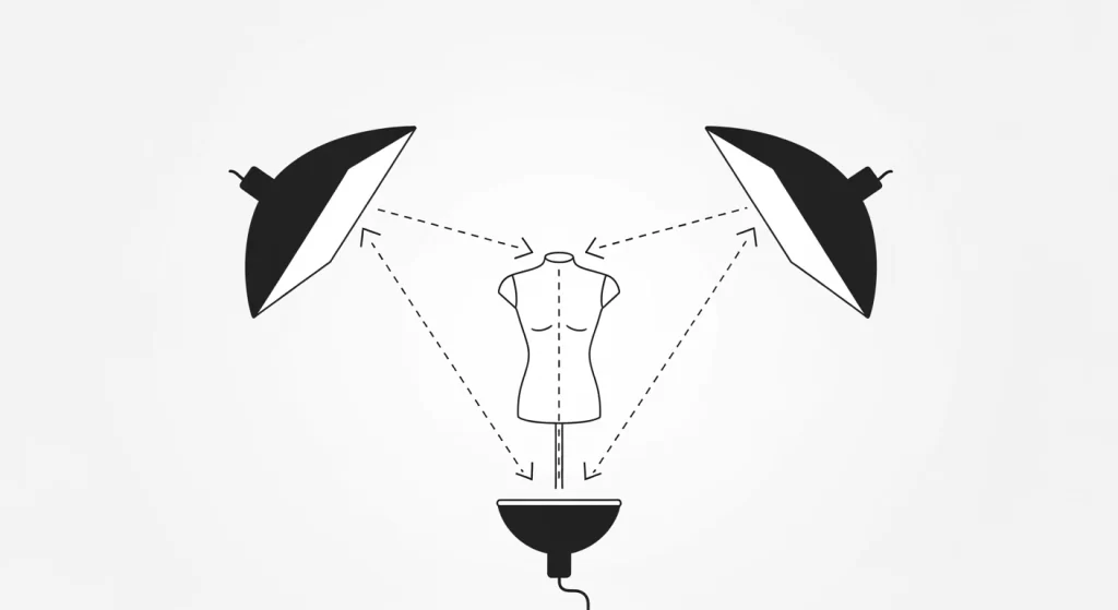 Ghost mannequin photography lighting diagram with two softbox lights positioned at 45 degrees