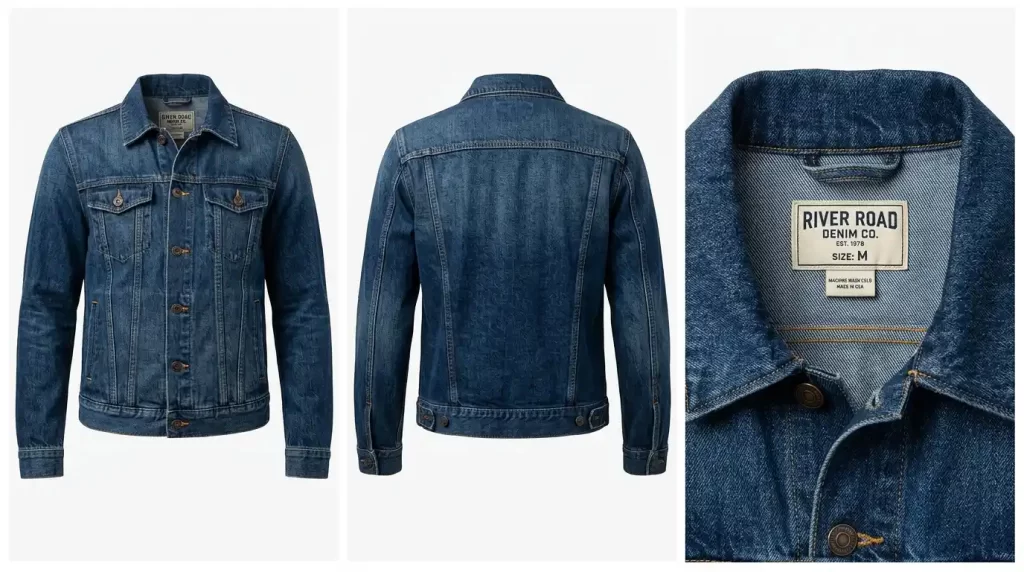 Ghost mannequin photography results showing front, back, and inner neck details of a denim jacket
