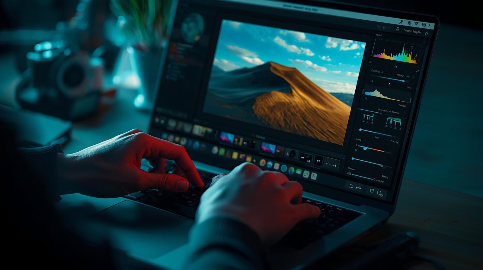 Hands applying photography editing tips on laptop screen