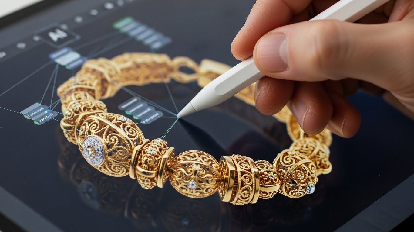 Human expertise complementing AI in jewelry photo retouching of gold bracelet