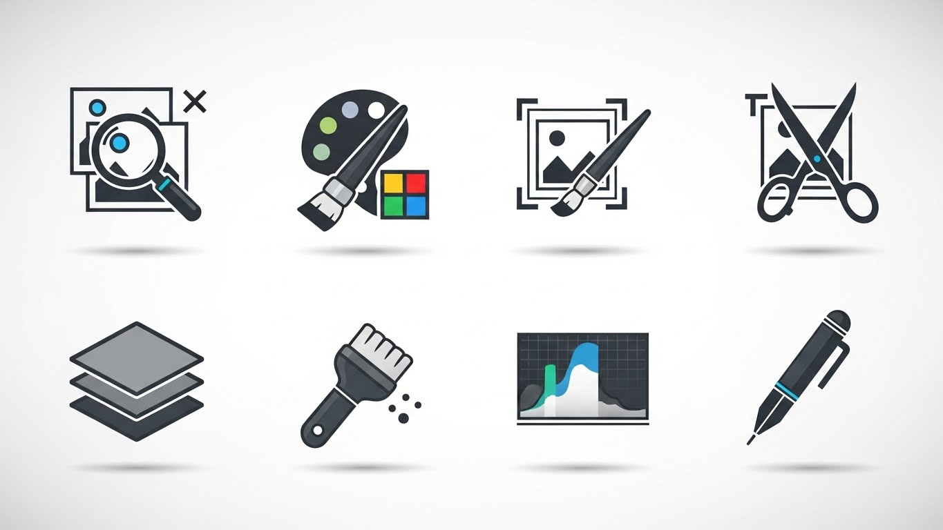 Icons of professional photo editing tools for expert assistance