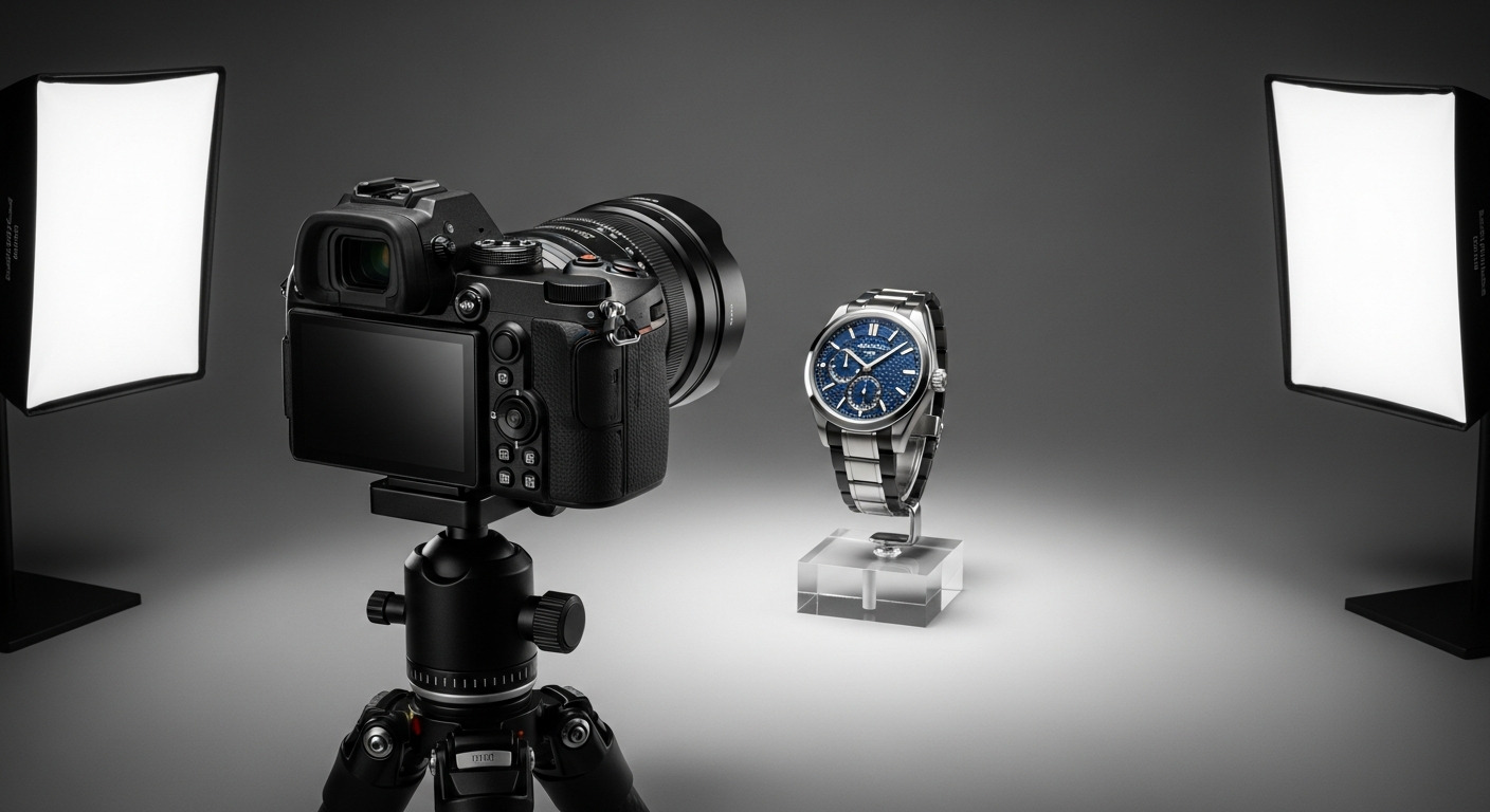 Nikon camera setup capturing detailed product photo of a wristwatch in studio lighting