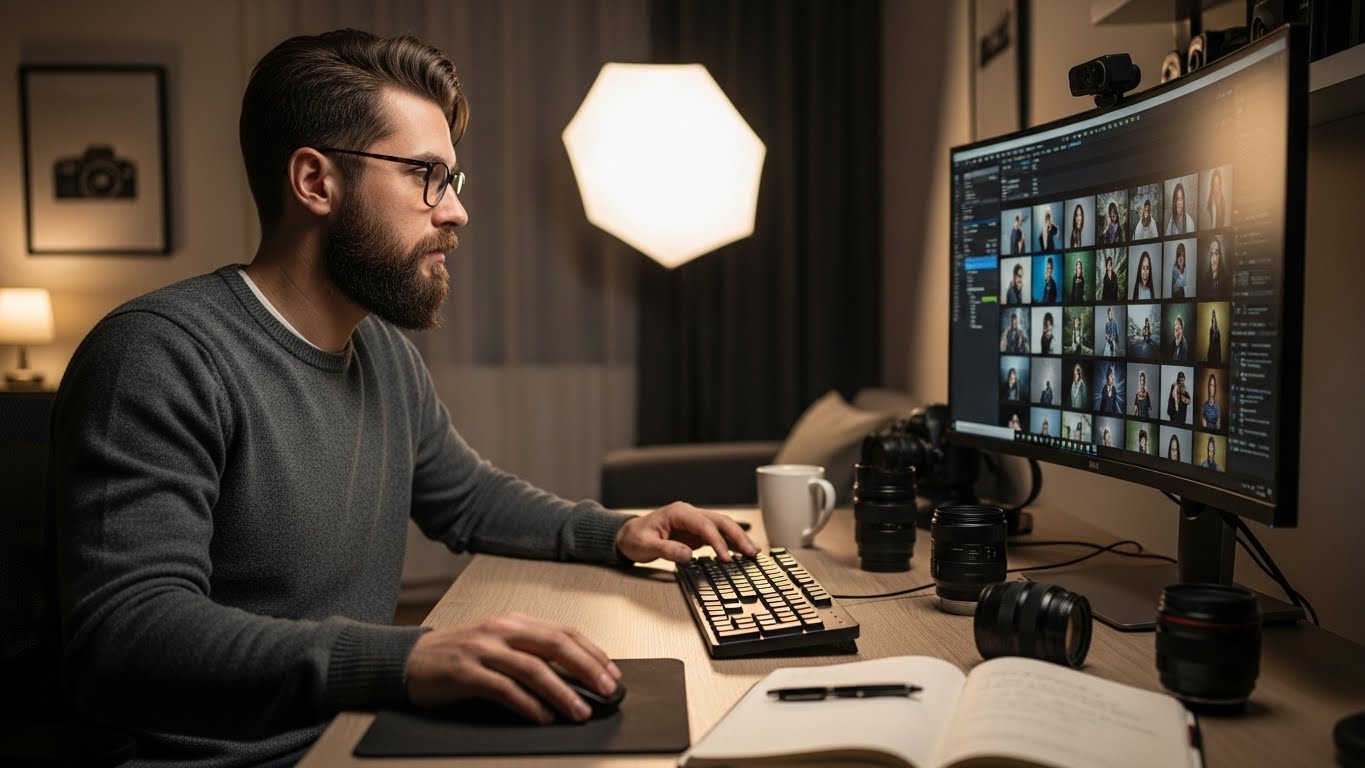 Photographer working on image selection before outsourcing photo editing tasks