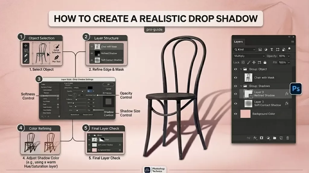 Photoshop drop shadow settings dialog box step by step