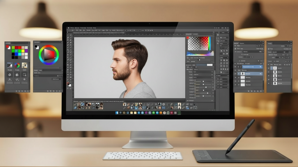 Professional photo editing workspace with tools for hair retouching