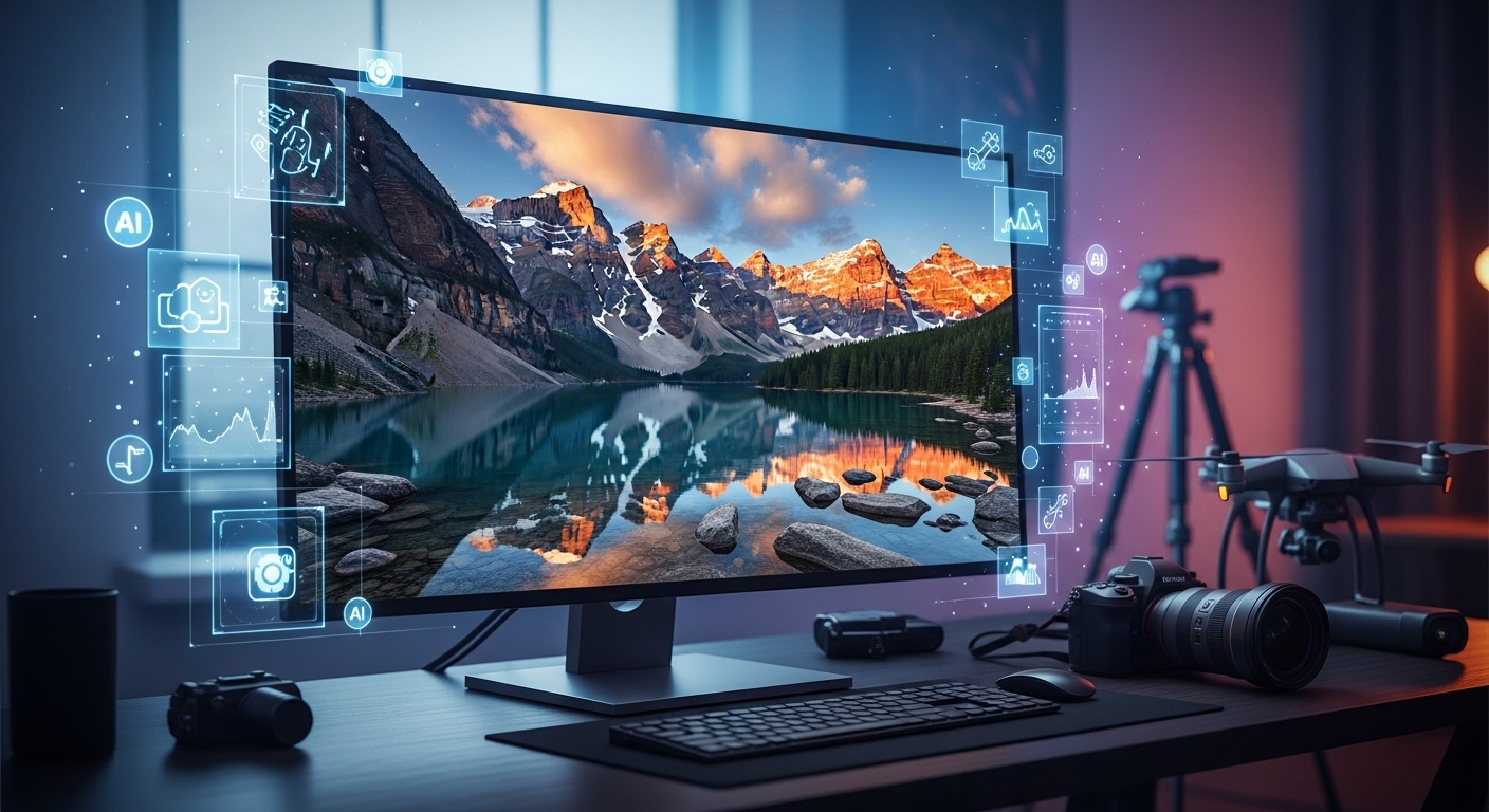 Professional photographer editing a landscape image on advanced software in a modern studio workspace 2026