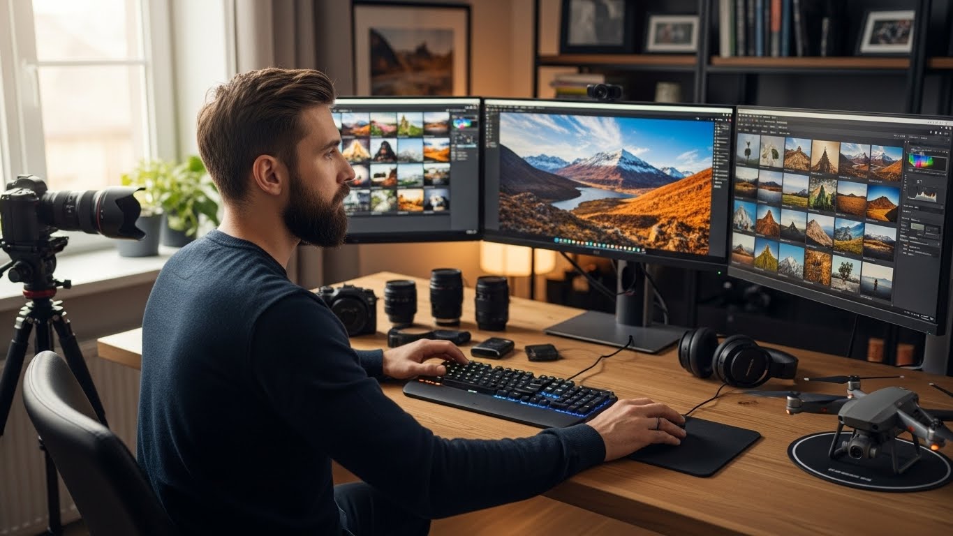 Professional photographer editing photos in studio