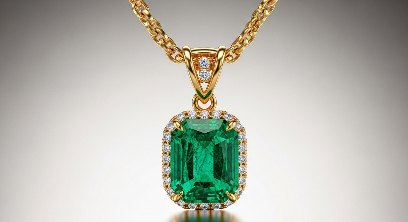 Professionally retouched gold emerald necklace highlighting brilliant gemstone color and refined metal finish