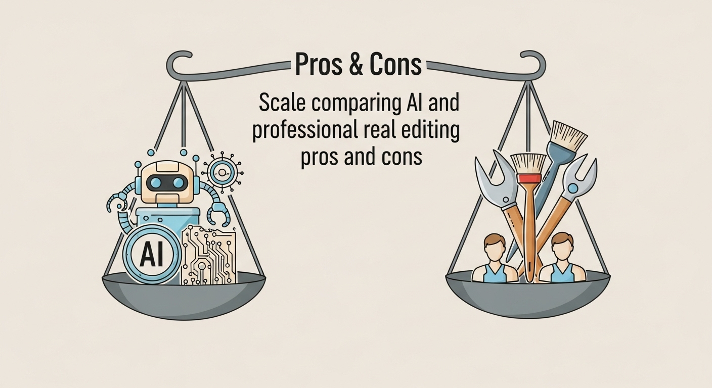 Scale comparing AI and professional real estate editing pros and cons