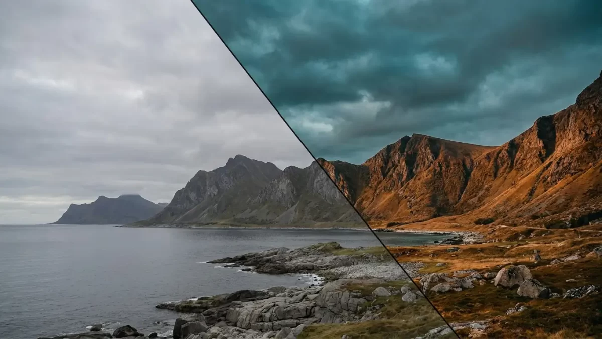Split image comparison showing a flat, color-corrected landscape versus the same scene transformed with dramatic moody color grading