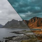 Split image comparison showing a flat, color-corrected landscape versus the same scene transformed with dramatic moody color grading