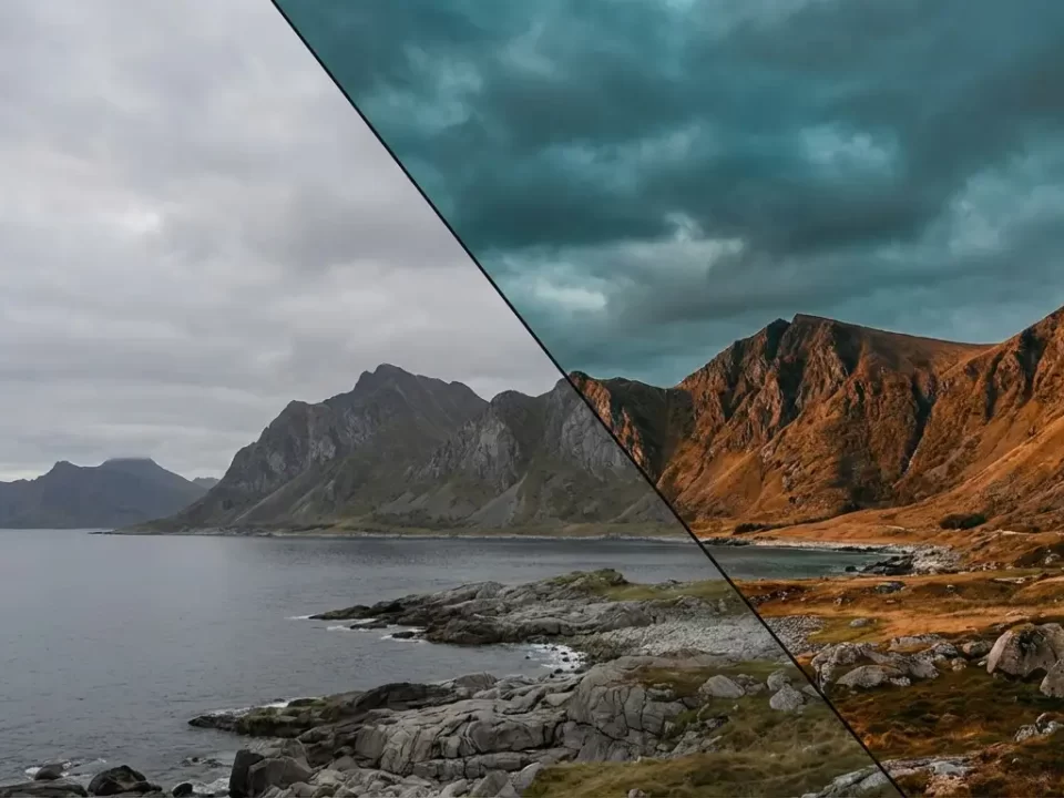 Split image comparison showing a flat, color-corrected landscape versus the same scene transformed with dramatic moody color grading