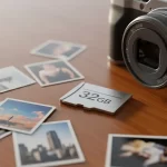 32GB memory card with camera and photos for storage illustration