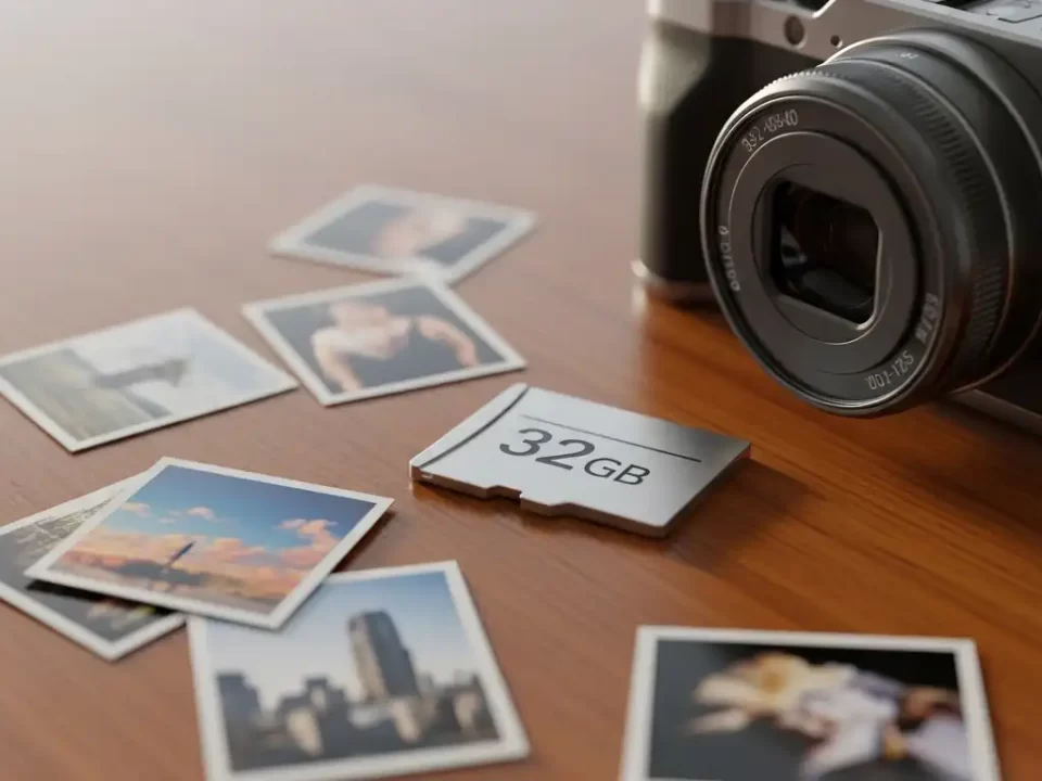 32GB memory card with camera and photos for storage illustration