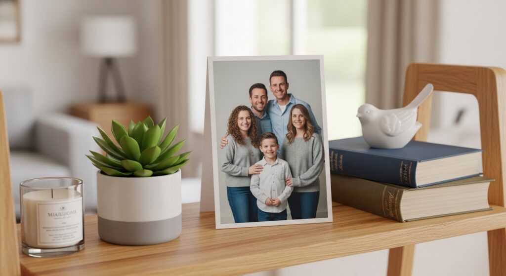 5x7 family portrait print on a home shelf surrounded by decor