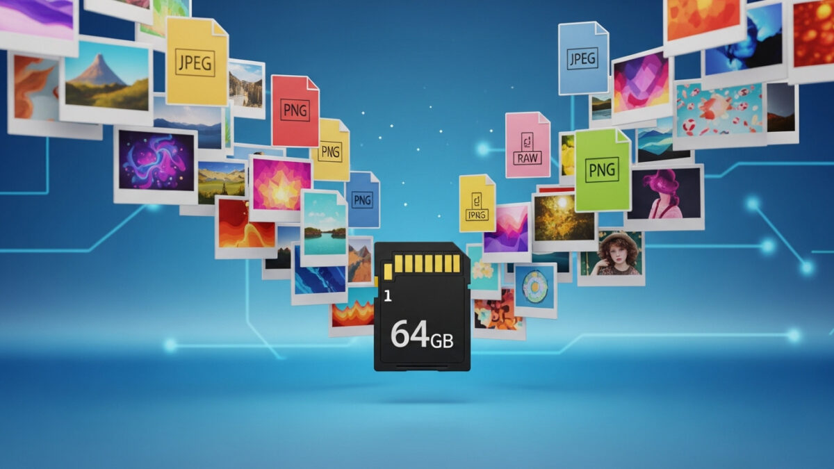 64GB SD card illustrating how many photos it can hold