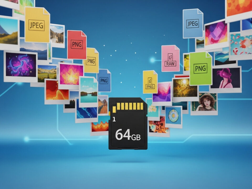64GB SD card illustrating how many photos it can hold
