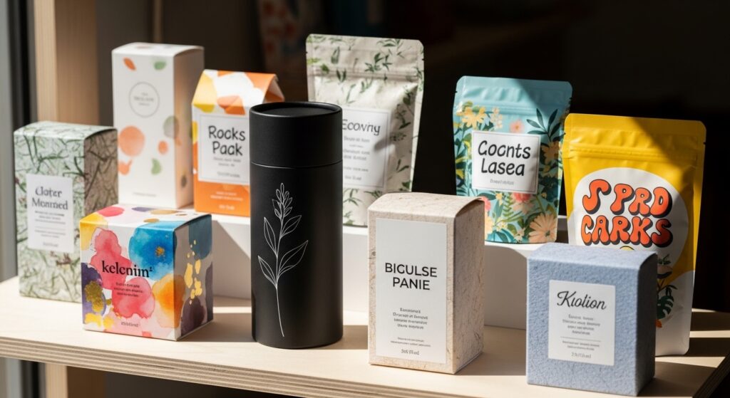 Assortment of creatively designed product packaging on display