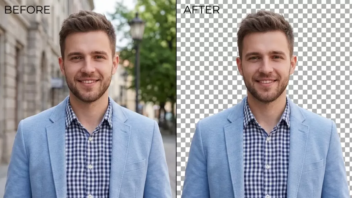 Before and after photo showing background removed from a portrait