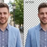 Before and after photo showing background removed from a portrait