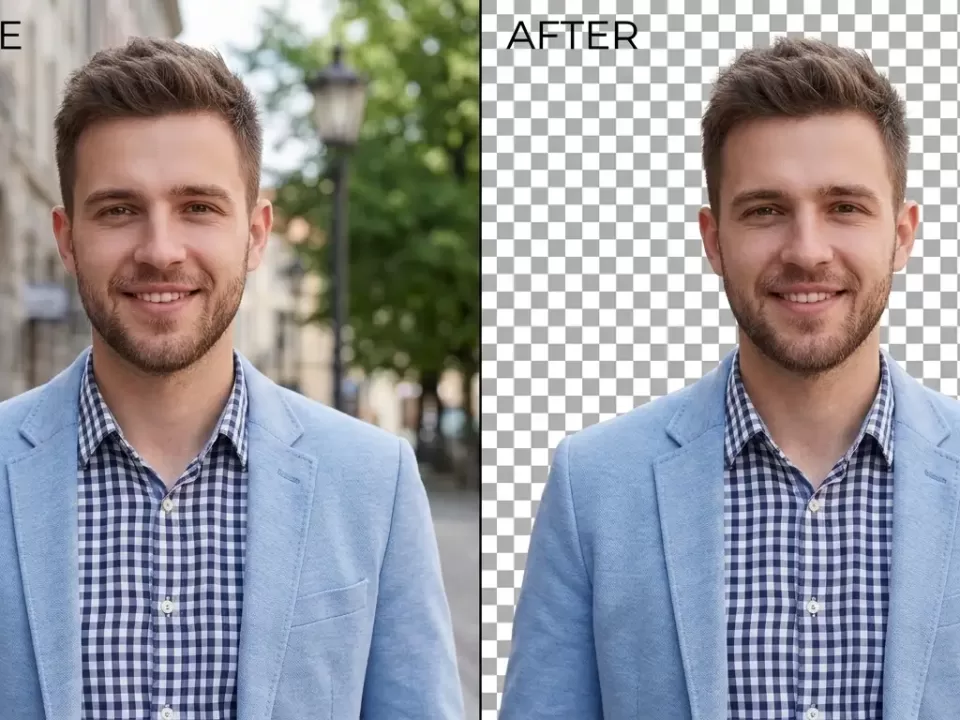 Before and after photo showing background removed from a portrait