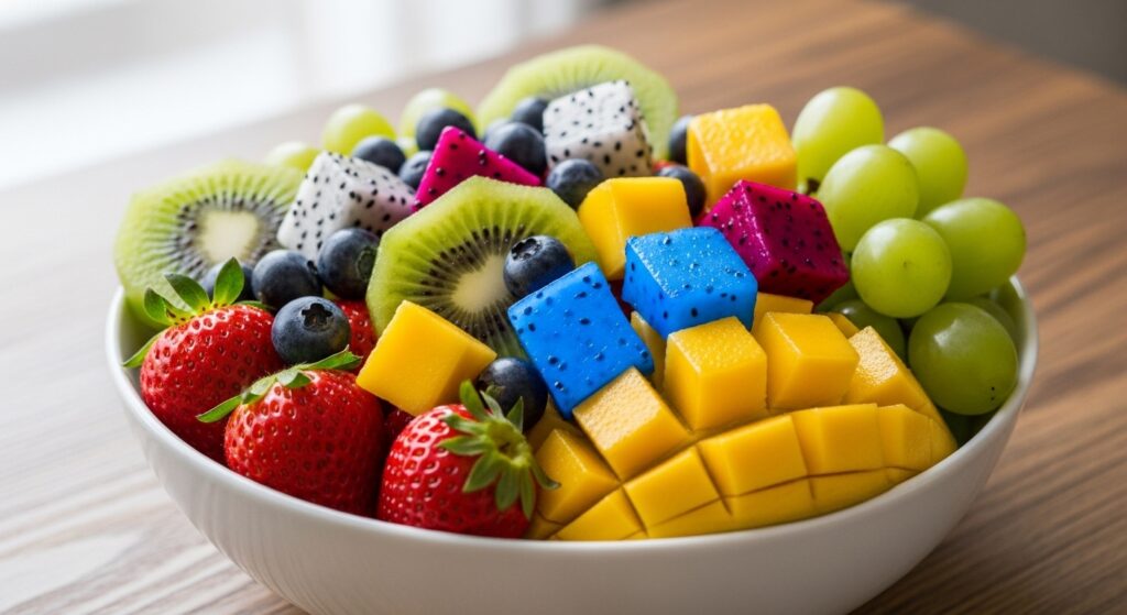 Bowl of mixed fruits with a unique color accent for photo editing creativity