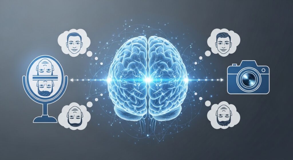 Brain illustration comparing mirror and camera perceptions of self-image.