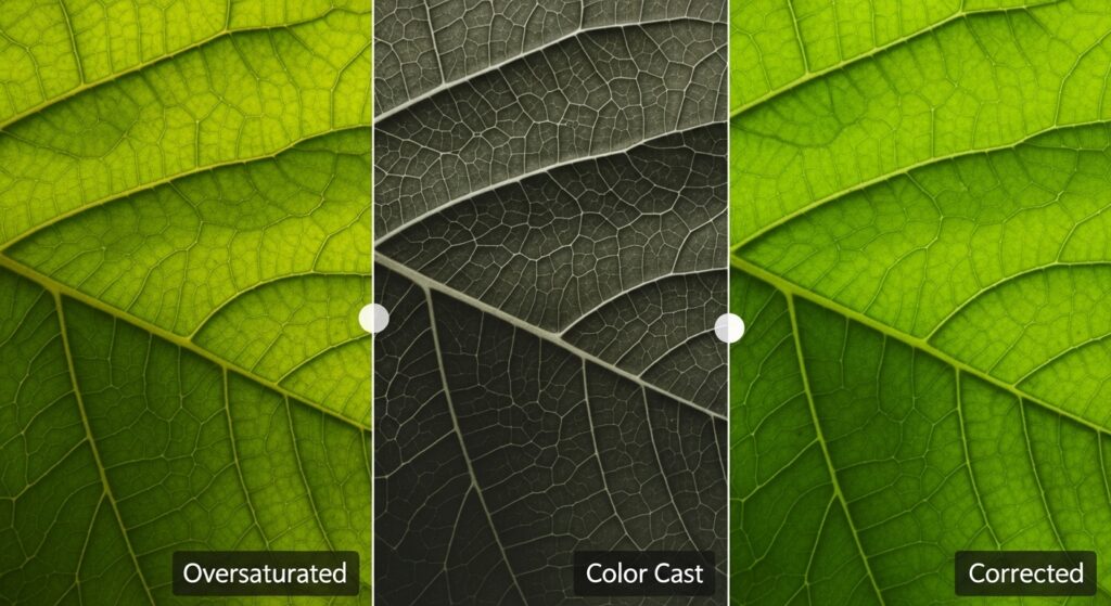 Close-up of a green leaf texture illustrating color editing challenges and solutions