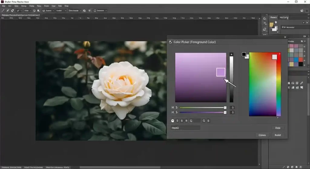 Color Replacement Tool actively changing the color of a flower in Photoshop
