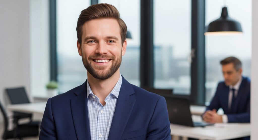 Confident female CEO professional headshot example in office setting