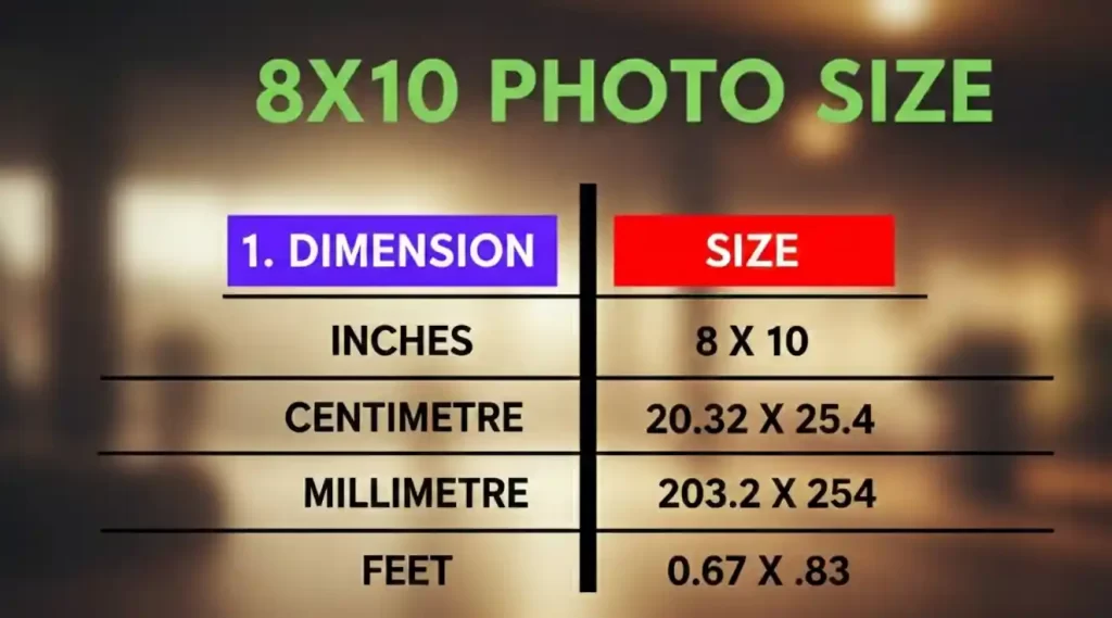 Diagram of 8x10 photo dimensions in inches, cm, and mmv